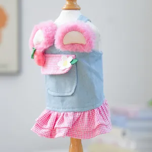 Sweet denim pet dress with pink plaid ruffles and plush ears for small dogs and cats