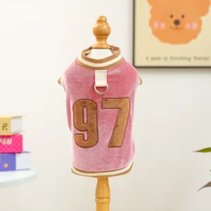 Pink velvet pet vest with number 97 embroidery and D-ring for leash attachment