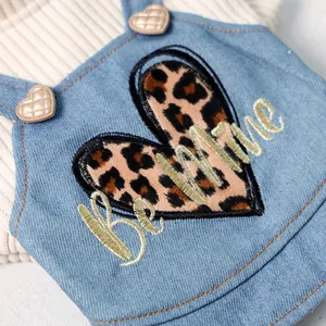 Detail van luipaardhartborduurwerk en gouden be mine tekst op de blauwe denim hondenjurk