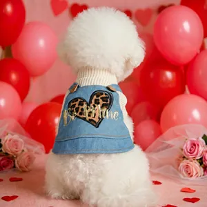 Luipaard Hart Huisdier Jurk Denim Vest Gebreide Trui Set Warme Winterkleding Voor Kleine Honden Katten