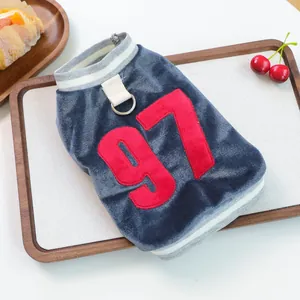 Blue velvet pet vest with number 97 patch and D-ring for small dogs and cats