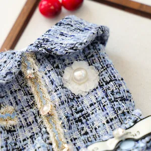 Détail d'une robe pour chien en tweed bleu avec col en dentelle et perles brillantes