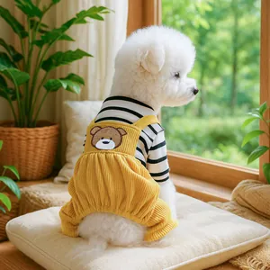 Striped Pet Dog Overalls Jumpsuit Corduroy Yellow Warm Puppy Cat Clothes Cartoon Bear Embroidery Autumn Winter Apparel Outfit