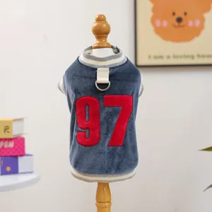 Navy velvet pet vest with red 97 embroidery and D-ring for small dogs and cats