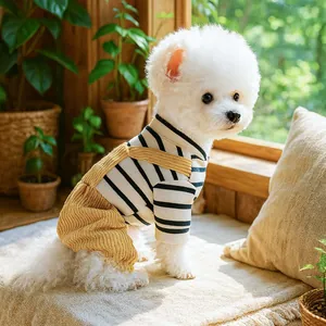 Dog winter outfit with yellow corduroy overalls and striped t-shirt for small pets