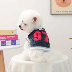 Pet Dog Cat Winter Warm Velvet Jersey Vest Small Dog Puppy Clothes Applique Number Striped Ribbed Soft Pet Clothing With D-Ring