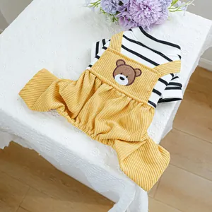 Striped shirt and yellow corduroy bear overalls set for small dogs and cats