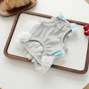 bonito vestido gris para mascotas perros pequeños cachorros con tul encaje lazo azul