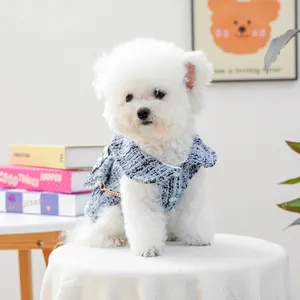 Détails de la robe pour chien en tweed avec boutons perles et chaîne métallique élégante