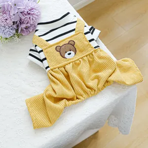 Cozy yellow corduroy pet overall with cute bear embroidery and striped inner shirt