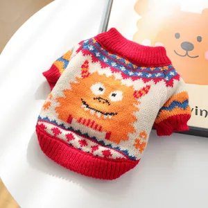 Cozy knit pet sweater with orange monster pattern for small dogs and cats