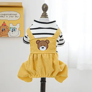 Striped high-neck sweater with yellow corduroy overalls and bear patch for small dogs