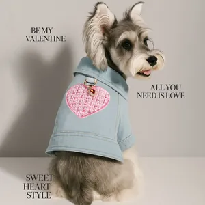 Chaqueta Vaquera para Mascotas Parche de Corazón Colgante de Strass San Valentín Perro Gato Abrigo Chaleco Sin Mangas Azul Claro