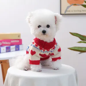 Knitted dog sweater with red hearts and blue patterns for small pets and cats