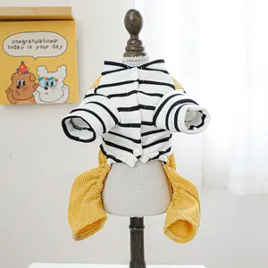 Detail of striped knit top and yellow corduroy overalls for small dogs and cats