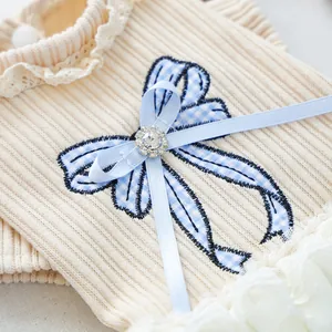 Close-up of blue plaid bow and rhinestone detail on beige pet knit dress with lace