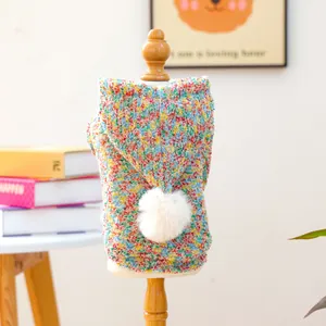 Colorful hooded pet sweater with fur pompom for cats and small dogs on a mannequin