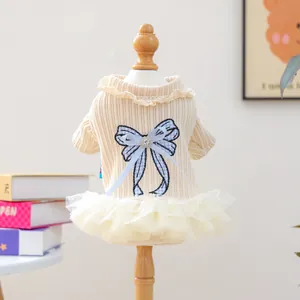 Knit pet dress with blue plaid bow and lace trim for small dogs and cats