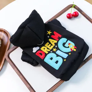 Black hooded pet sweatshirt with Dream Big embroidery and celestial patterns for dogs