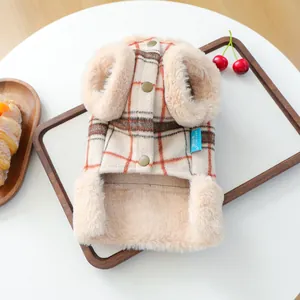 Detailed view of plaid pet vest with warm plush trim and vintage buttons for small dogs