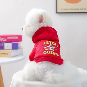Détail d'un sweat à capuche rouge avec imprimé FETCH QUEEN sur un petit chien blanc