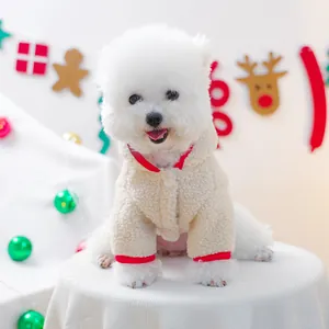 Fleece pet hoodie for small dogs in beige and red trim for Christmas holiday warmth