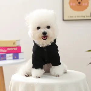 Black hooded pet sweatshirt for small dogs with snap button closure on white Bichon