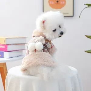 Plaid Pet Winter Vest Warm Dog Clothes With Bowknot Pom-Pom Faux Fur Trim Small Dog Cat Vest Jacket Coat Puppy Apparel