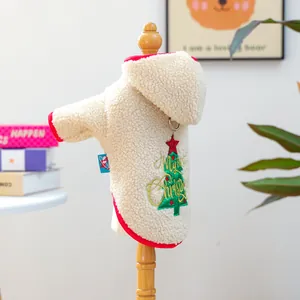 Close-up of sherpa fleece dog hoodie featuring Christmas tree embroidery and a D-ring