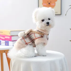 Plaid puppy vest with soft plush trim and mini backpack for autumn and winter