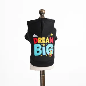 Black hooded dog hoodie featuring Dream Big embroidery for small pets on white background