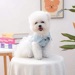 Abito da sposa per cani in denim blu e pizzo bianco con perle per gatti piccoli