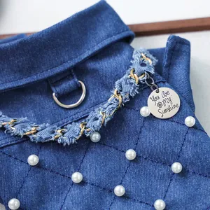 Detalle de abrigo vaquero para perro con costuras acolchadas, perlas y colgante metálico