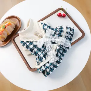 Détail de robe bleue pied-de-poule pour animaux avec nœud en dentelle et boutons vintage