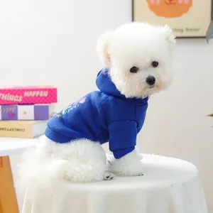 Détail d'un sweat à capuche bleu marine avec imprimé coloré pour petit chien