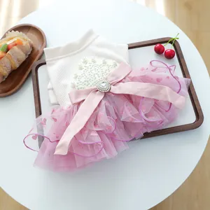 Princess style pet wedding dress with pearl crown embroidery and pink heart tulle skirt