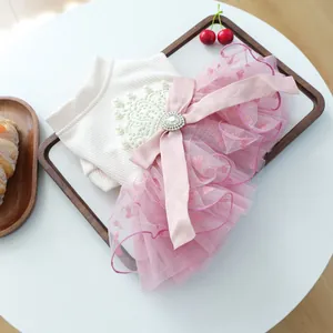 Detail of pet princess dress featuring lace collar, pearls, and pink tutu skirt with bow