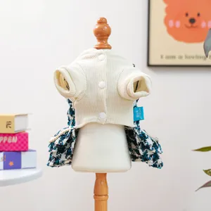 Détail de la robe pour animaux avec maille, jupe en tweed et boutons élégants