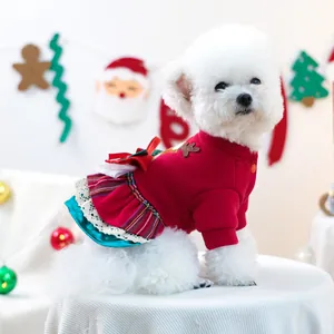 Robe de Noël pour petit chien, tenue en velours rouge avec bois de cerf et nœud