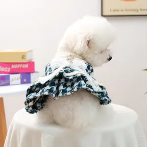 Robe Noble pour Chien Motif Pied-de-poule Tweed Dentelle Nœud Tricoté Chaud Automne Hiver Vêtements pour Petits Chiens Chats Chiot