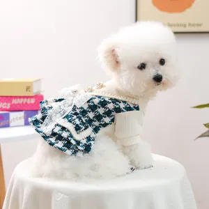 Robe élégante à motif pied-de-poule bleu et dentelle pour petits chiens et chats