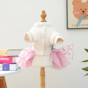 Detail of princess pet dress featuring white knit top and pink heart mesh tutu skirt