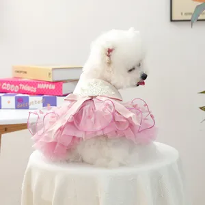 Pet Princess Dress For Small Dogs Cats Knit Mesh Tutu Skirt With Artificial Pearl Crown Heart Pattern Bow Sweet Puppy Wedding Clothes