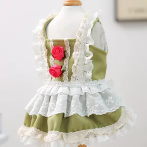 Vue détaillée d'une robe pour animaux vert olive avec dentelle et roses roses