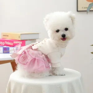 Elegant knit pet dress with pink heart embroidered mesh tulle for small dogs