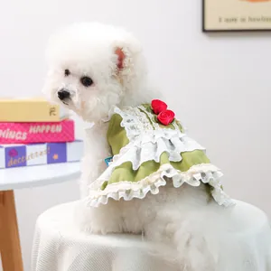 Douce Robe pour Animaux Vert Olive Dentelle Blanche Rose Ruban Rouge Polyester Chiot Chien Chat Vêtements Princesse Petits Chiens