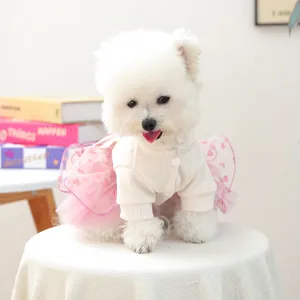 Princess style pet dress with white ribbed top and pink heart-patterned tulle skirt
