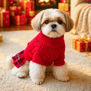 Weihnachtlicher Hundepullover Kleid mit festlichem rotem Strick und klassischem Karo