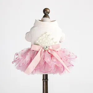 Pink heart pattern pet princess wedding dress with pearls and crown decoration