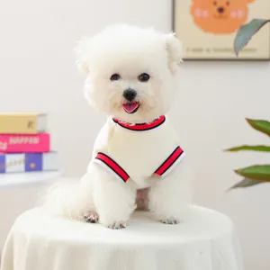 Off-white ribbed knit pet sweater vest with red and black striped trim for small dogs